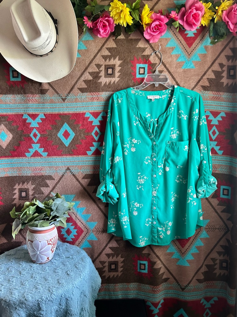 Skies Are Blue Teal Floral Button-Down Blouse